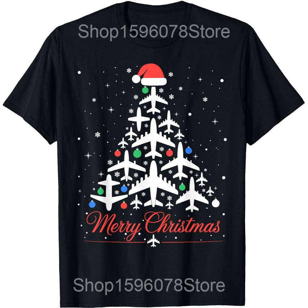 Christmas Airplane Tree Funny Pilot Gift Pilot Aviation T Shirts Streetwear Tee Shirt Short Sleeve Loose Clothing Unisex