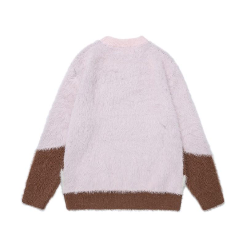 Unisex Vintage Americana Cartoon Dog Print Colorblock Knit Sweater Loose Fit Long Sleeve Fall Top