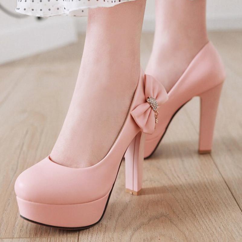 Женские туфли-лодочки из искусственной кожи на платформе, на очень высоком каблуке, с круглым носком и бантом, милые вечерние весенне-осенние туфли черного, белого, бежевого цвета