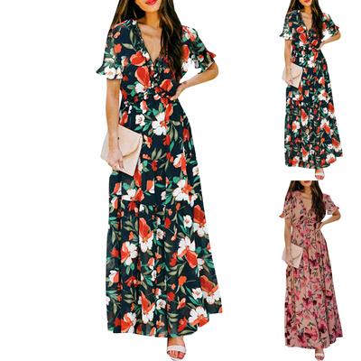 Женское свободное платье с короткими рукавами и v-образным вырезом с цветочным принтом и тонкой талией