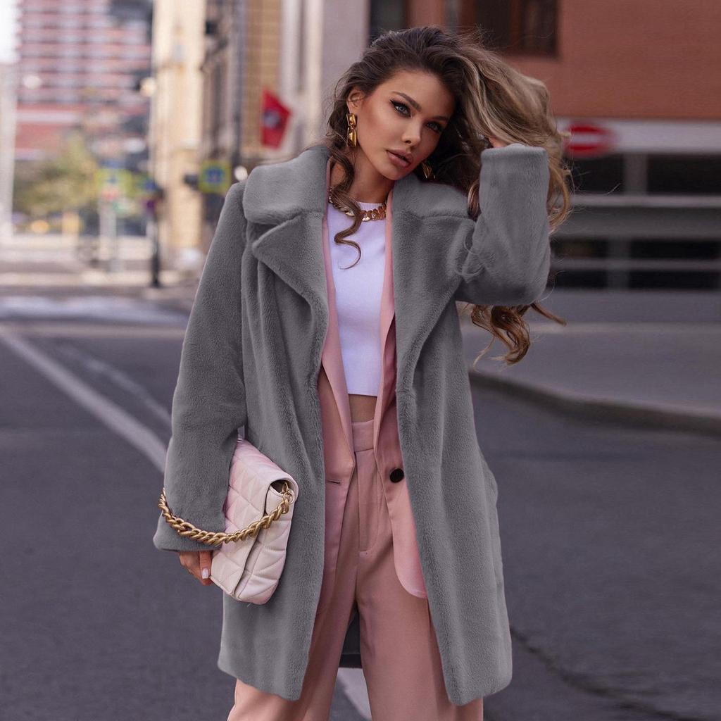 2024 Весна Осень Блейзер Воротник Пальто Из Искусственного Меха Женская Розово-Красная Пушистая Куртка Laides Повседневная Плюшевая Верхняя Одежда Заводская Распродажа Средней Длины Плюс Размер