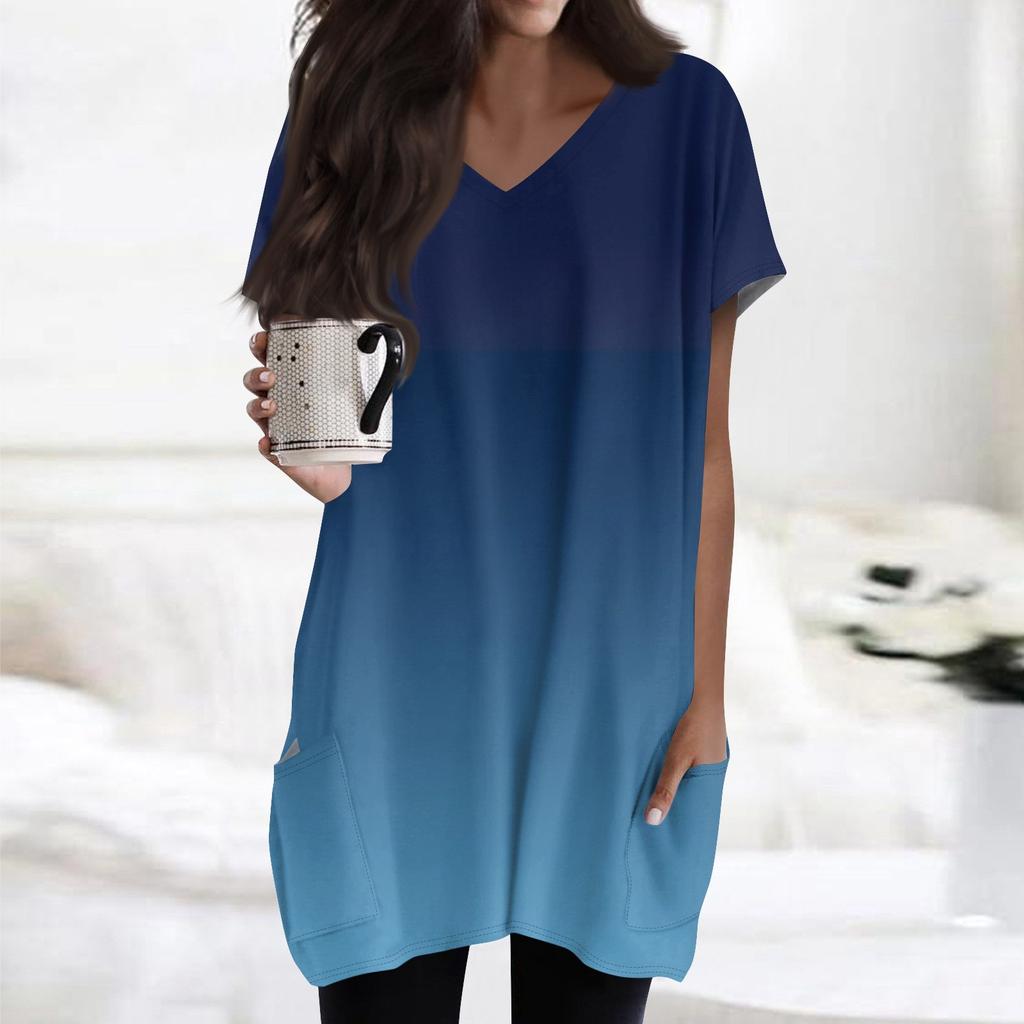 Женские топы с V-образным вырезом, блузки с коротким рукавом, повседневные рубашки средней длины, модные туники с принтом и карманами