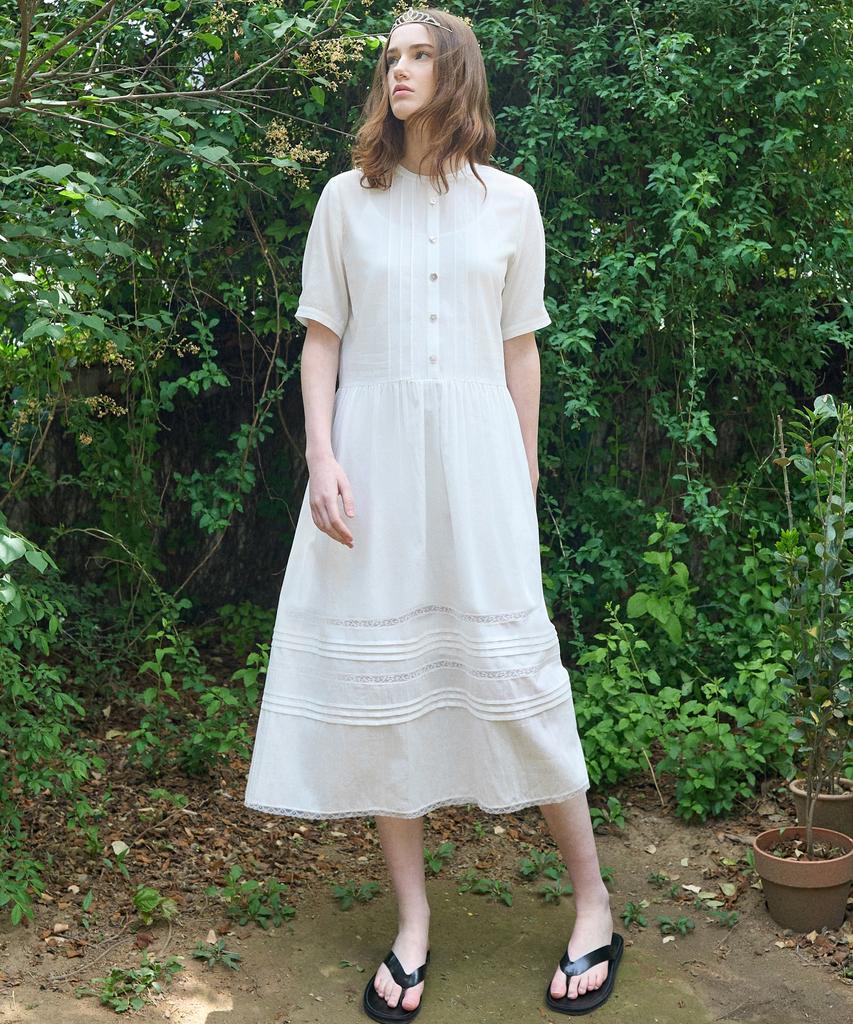 Mite Pintuck Lace Tired Dress_Ivory