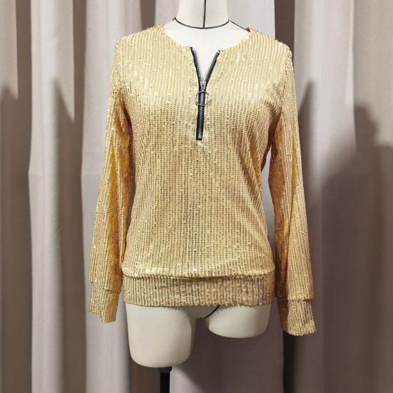 Женская рубашка с круглым вырезом на молнии с полузастежкой и длинным рукавом, пуловер, топы, сверкающие