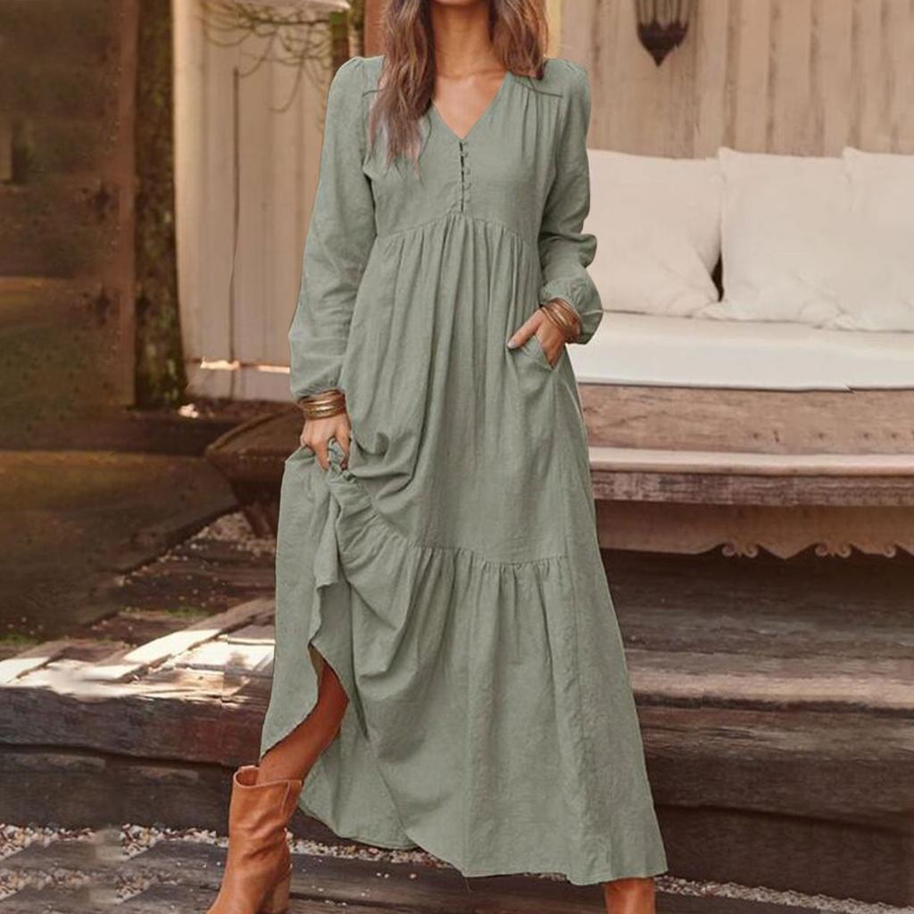 Women's Button Down Cotton Linen Vintage Casual Long Sleeve Dress