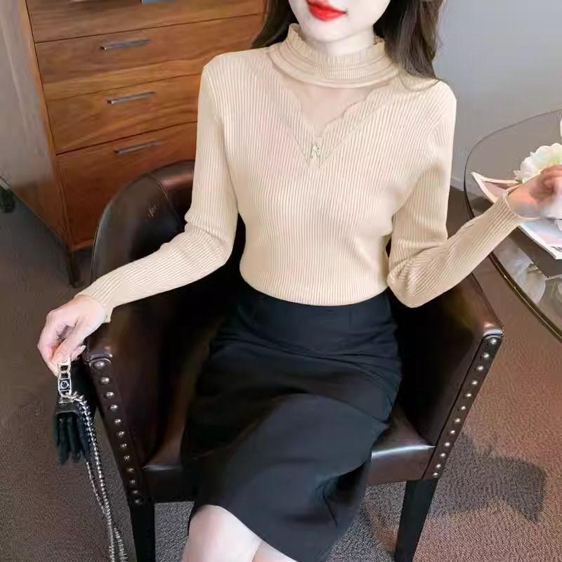 Turtleneck Hollow-out Lace Trim Knitwear Long Sleeve Spring Autumn Versatile Fashion Outer Wear Base Layer Top