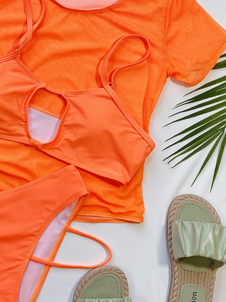 Women Sexy Bikini Gauze Hollow Three-piece Swimsuit