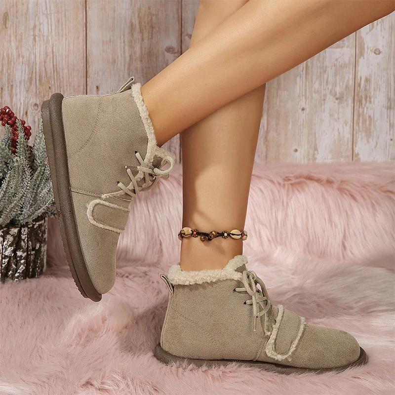 Женские замшевые зимние ботинки на плоской подошве, зимние короткие плюшевые теплые ботинки, новые повседневные хлопковые туфли на шнуровке для ходьбы Femme Zapatillas