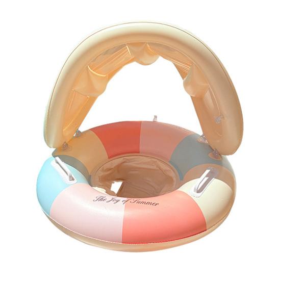 Baby Pool Float with Canopy Vintage Striped Inflatable Swim Ring with Safety Seat