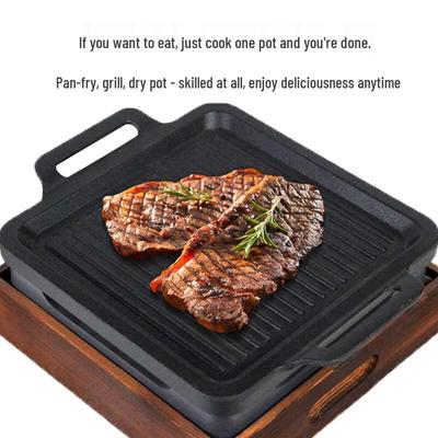 Квадратная BBQ сковорода Zhi Shi на деревянной подставке с спиртовой горелкой