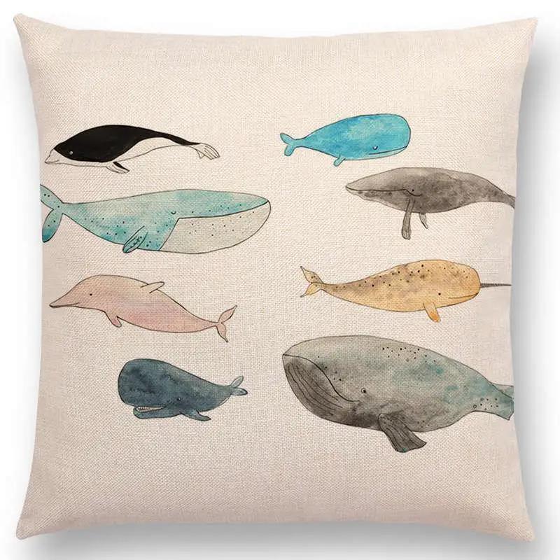 Newest Fashion Nordic Style Whale Cushion Cover Ocean Whales Home Pillow Case Linen Cotton Pillows Covers
