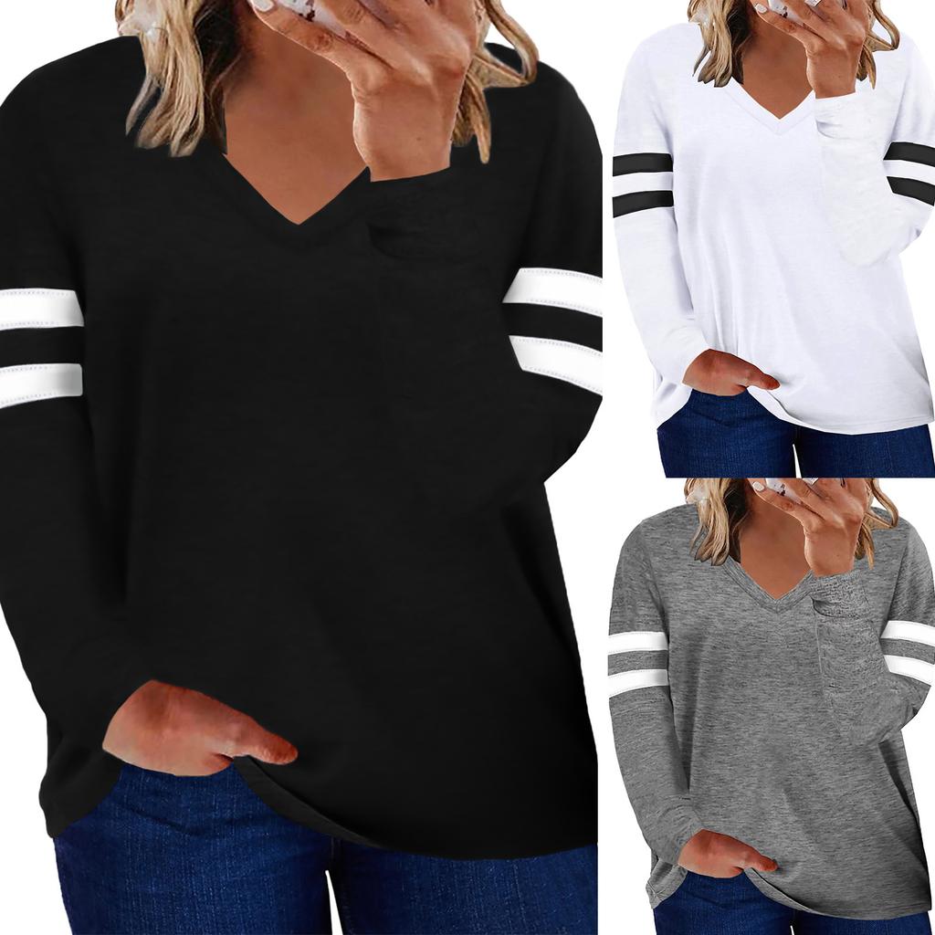 Women's Casual V Neck Pullover Long Sleeve Striped Colorblock Oversized Shirts