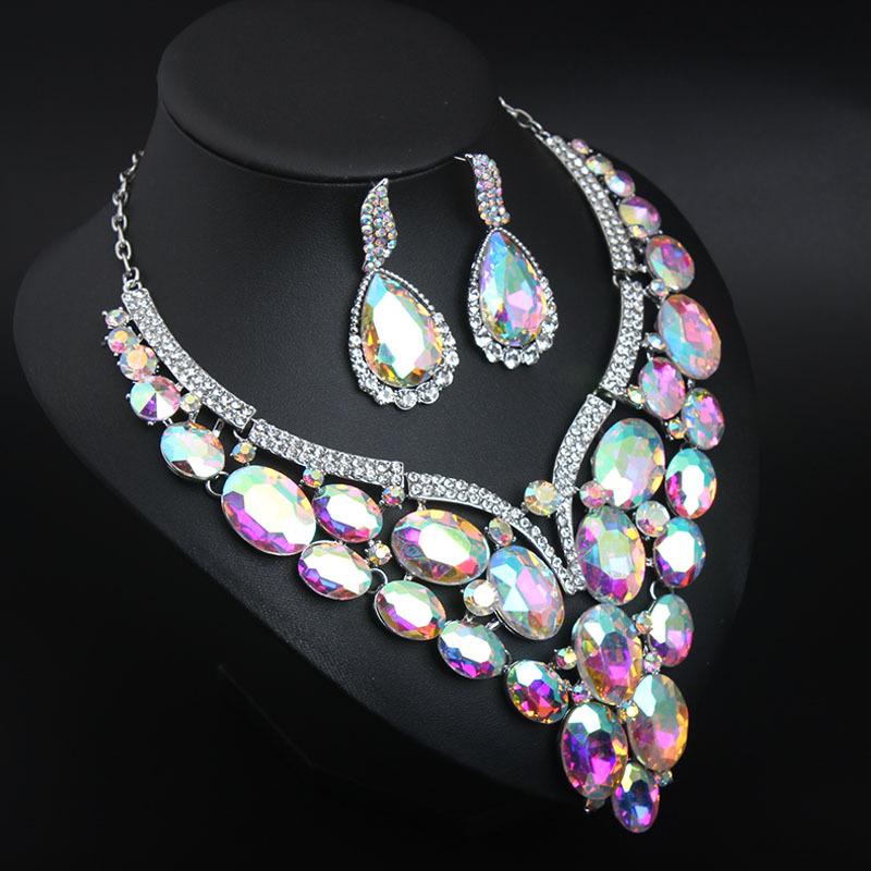 Exaggerated Crystal Glass Necklace Earrings Set Dress Banquet Women'S Accessories