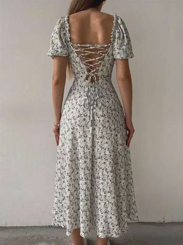 2025 Floral Print Waist-Cinched Mid-Length Dress - European & American Style