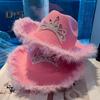 Cowgirl Hat Rhinestone Crown Decor Furry Ripped Edge Windproof Chin Rope Large Brim Sun Protection Retro Western Style Stage Show Performance Party