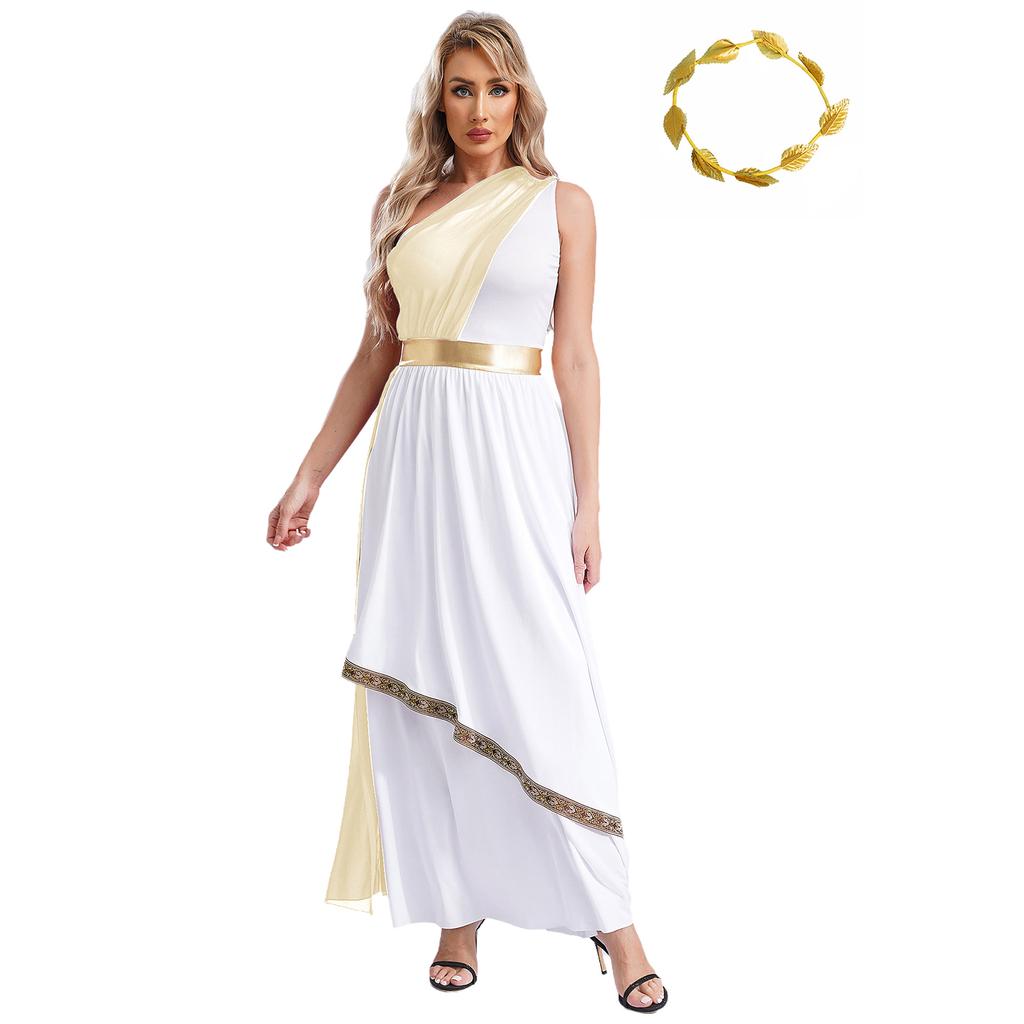 Womens Ancient Greek Dance Dress One Shoulder Chiffon Overlay Vintage Trim Tunic Dress Artificial Leaf Garland Headwear