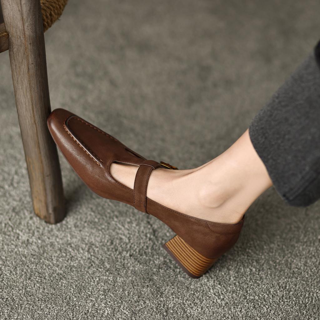 Krazing Pot Sheep Suede Square Toe Chunky Med Heels Summer Shoes Buckle Straps Women Pumps