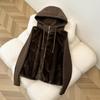 Korean style fake two-piece knitted splicing sleeves imitation mink hooded short jacket women's small warm cotton clothes trendy
