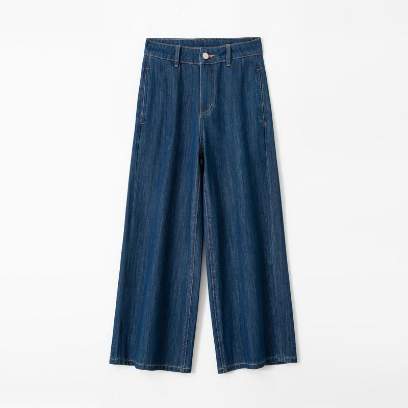 Джинсы-кюлоты с высокой талией синего цвета в стиле ретро для миниатюрных женщин, лето 2025, стрейч в четырех направлениях