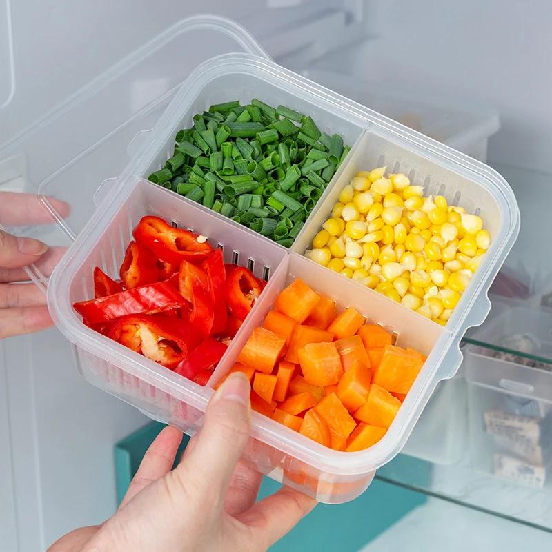 Food Vegetable Refrigerator Storage Box 4/6 Grid Fruit Storage Box Fridge Organizer Drain Basket Meat Onion Ginger Clear