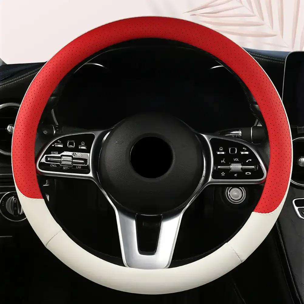 Perforated Nappa Leather Car Steering Wheel Cover Warm In Winter Cool In Summer Non-slip PU Leather Auto For 38cm Steering Wheel