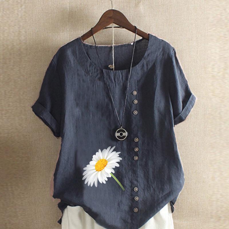 Women's New Fashion Linen Shirt Round Neck Short Sleeve Flower Printed T-shirt Summer Ladies Casual Plus Size Blouse Tops