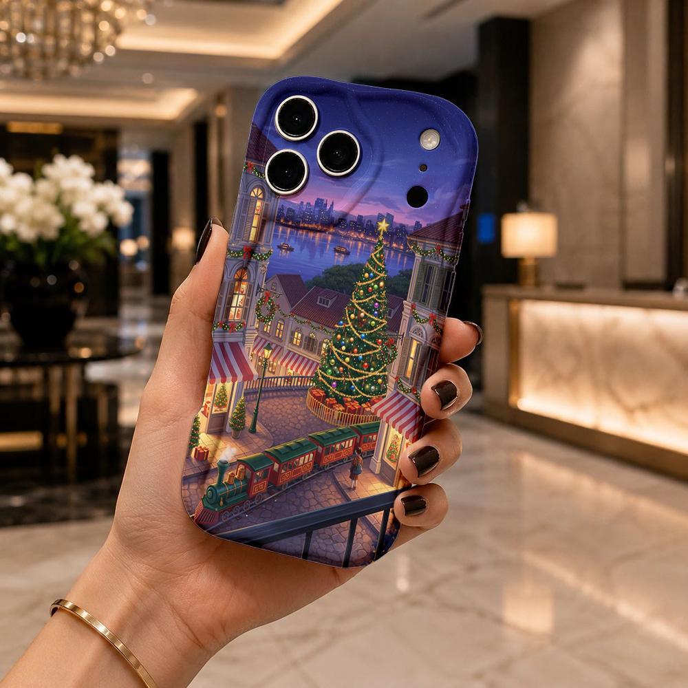 Christmas Town Train Night Scene Phone Case for iPhone 17 Pro Max, Festive Holiday Village Soft TPU Cover, Winter Xmas Scenic Protective Back Shell