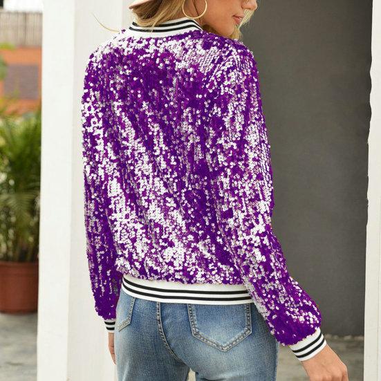 Women Jacket Shiny Sequin Long Sleeve Stand Collar Striped Loose Zipper Closure Elastic Cuff Stage Performance Emcee Coat
