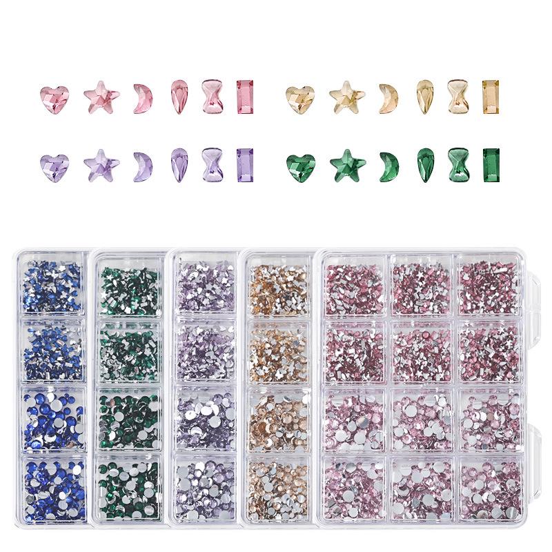 Nail Art Irregular Resin & Colored Rhinestones Set - Flatback, 12 Grids of Mixed Clear Diamonds