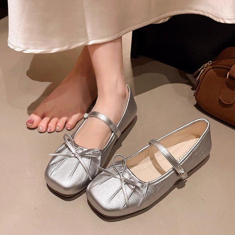 French retro light mouth single shoes new spring and summer bow soft sole square head word Mary Jane shoes