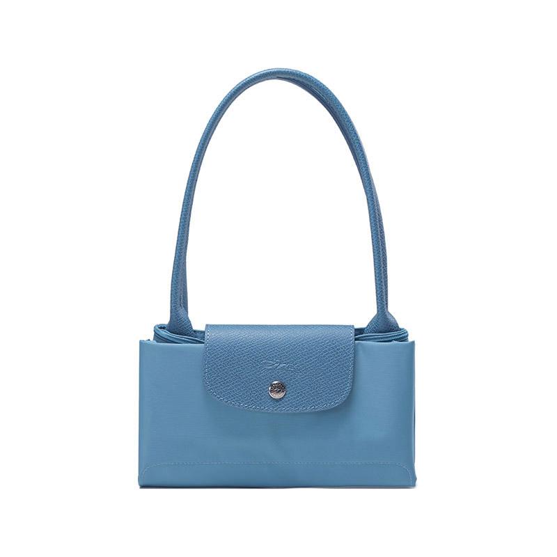 New LONGCHAMP Le Pliage Green Recycled Canvas With Leather Trim Dumpling Bag, One Shoulder Handbag Medium Size Women's Blue 2605919P58