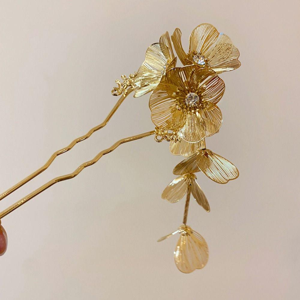 Tassel Metal U Shape Hair Stick Flower Hanfu Hairpin Retro   for Women