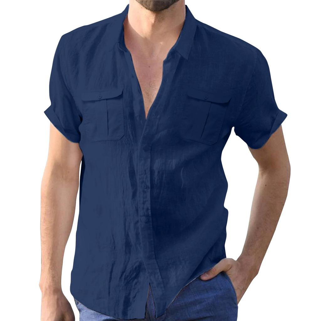 Men's Summer Solid Color Cotton Linen Short Sleeve Shirt Casual Fashion Loose Lapel Shirt