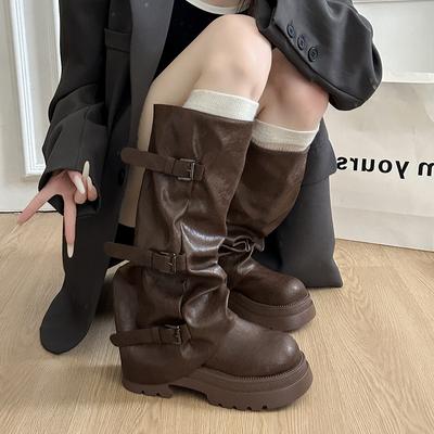 Брюки сапоги женские сапоги 2025 новая осень британский стиль пряжка ремня толстая подошва увеличение высоты тонкие сапоги дети