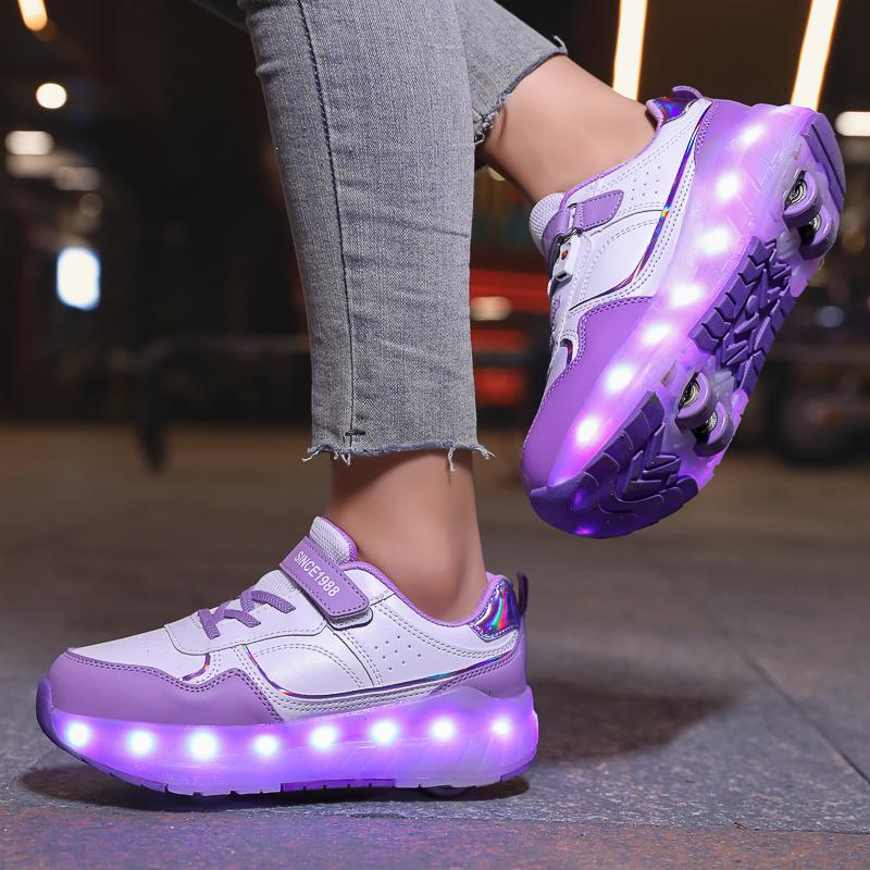 Kid's Lights Sports Shoes Rubbing Shoes Solid Magic Patch Can Charging Double-row Four-wheel Slide Shoes
