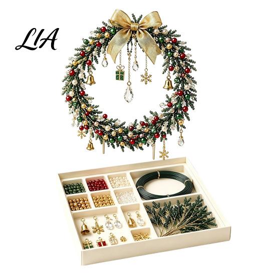 DIY Ornament Making Supplies Beaded Christmas Wreath Kit, Holiday Craft Kit with Colorful Beads Winter Centerpiece & Charms, Seasonal Bead Art