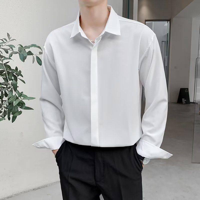 Korean Long Sleeve Shirt Men Fashion Loose Business Casual White Shirt Men's Button Design Top Large Comfortable Shirt