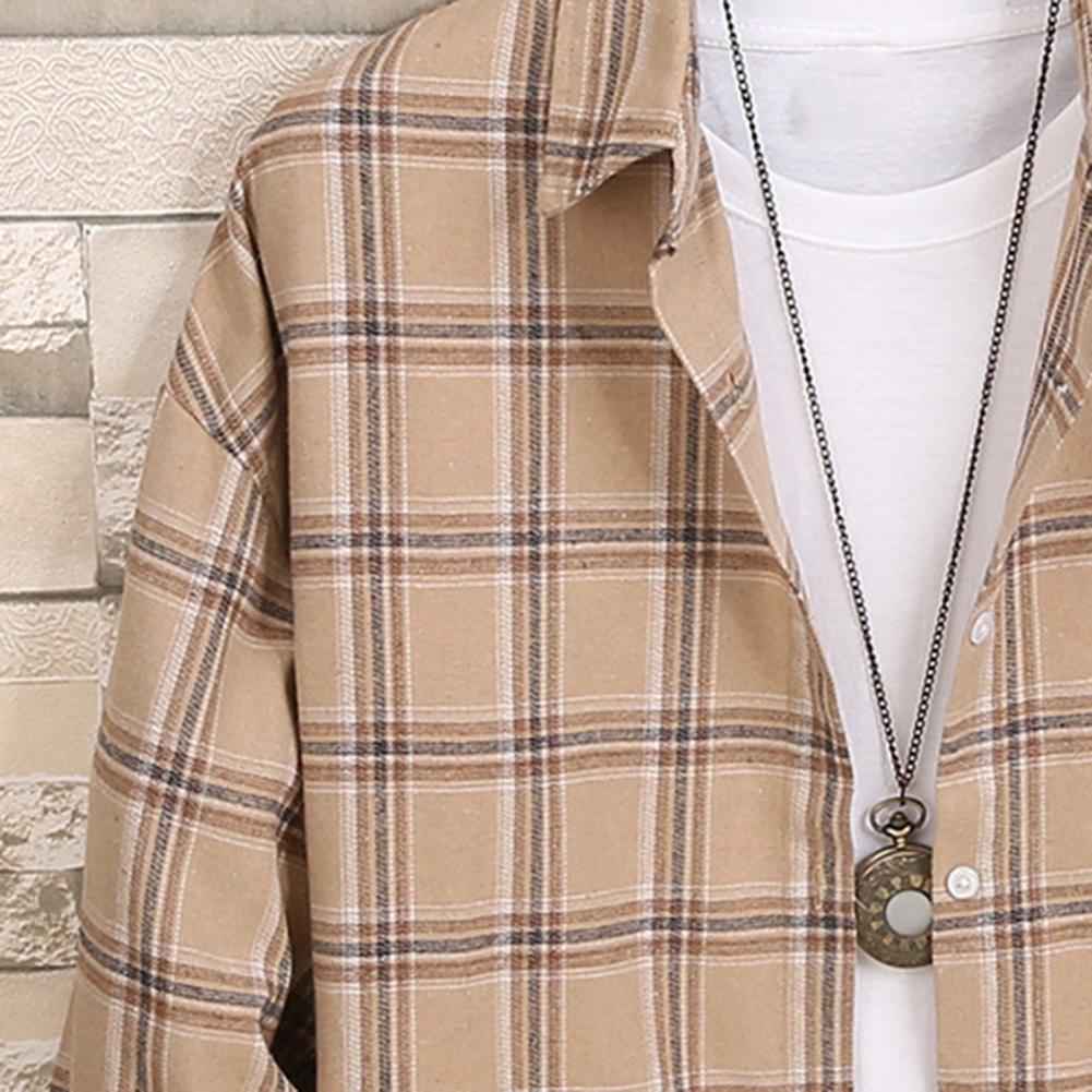 Мужская весенне-осенняя блузка с отложным воротником, однобортная, в клетку, с длинным рукавом, удобный крой, японский стиль, кардиган, официальный, деловой