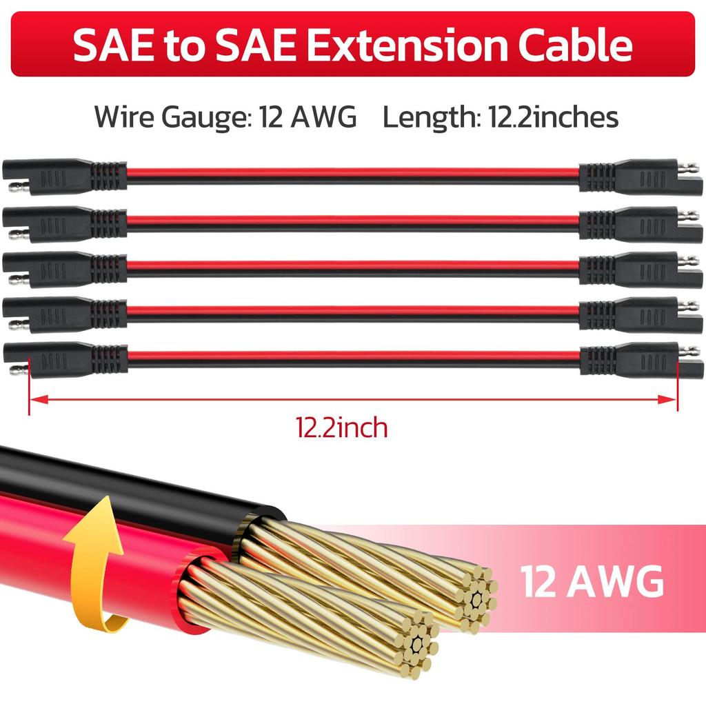 12 AWG SAE To SAE Extension Cable 12 Gauge 2-Pin SAE Connector Extension Cord With Dual Head Plug For Solar Panel Automotive Car Motorcycle 12In