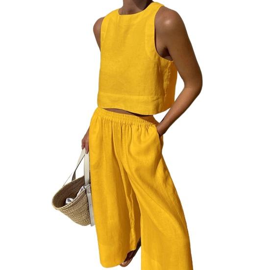 Женский летний комплект из 2 предметов: жилет без рукавов с круглым вырезом, эластичные длинные брюки с высокой талией, однотонный тонкий повседневный комплект