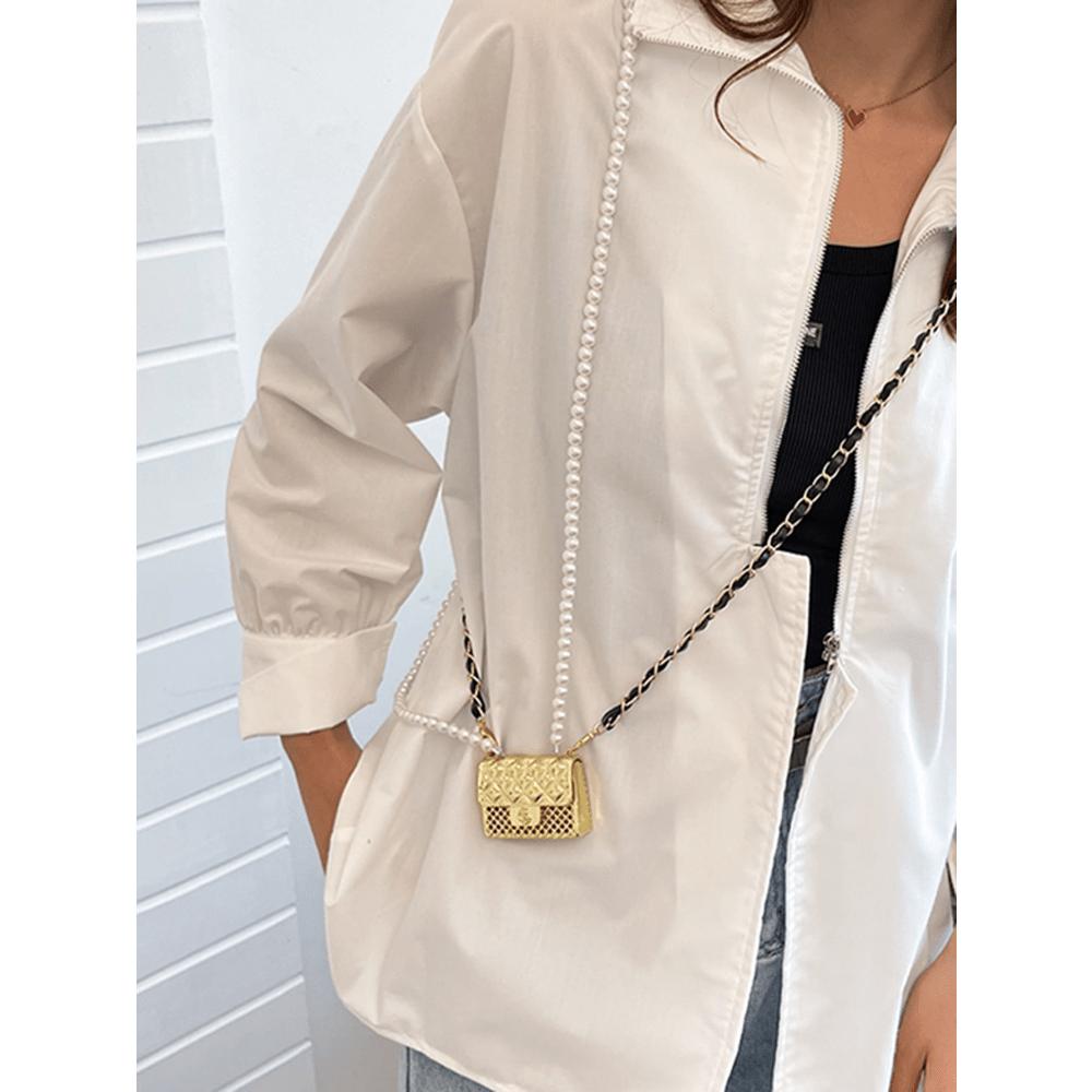 Мини квадратная сумка с клапаном, декор из искусственного жемчуга, металлическая необычная сумка