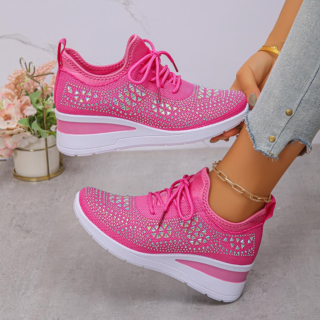 Women's Sneakers Shiny Rhinestone Wedge  Breathable Knit Non Slip Walking Shoes Woman Plus Size Fashion Thick Sole White Sneaker