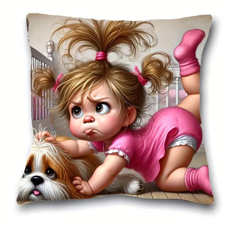Funny Little Girl with Dog Pillowcase Cute Cartoon Kids Room Decor Whimsical Animal Art Cushion Cover for Living Room Bedroom