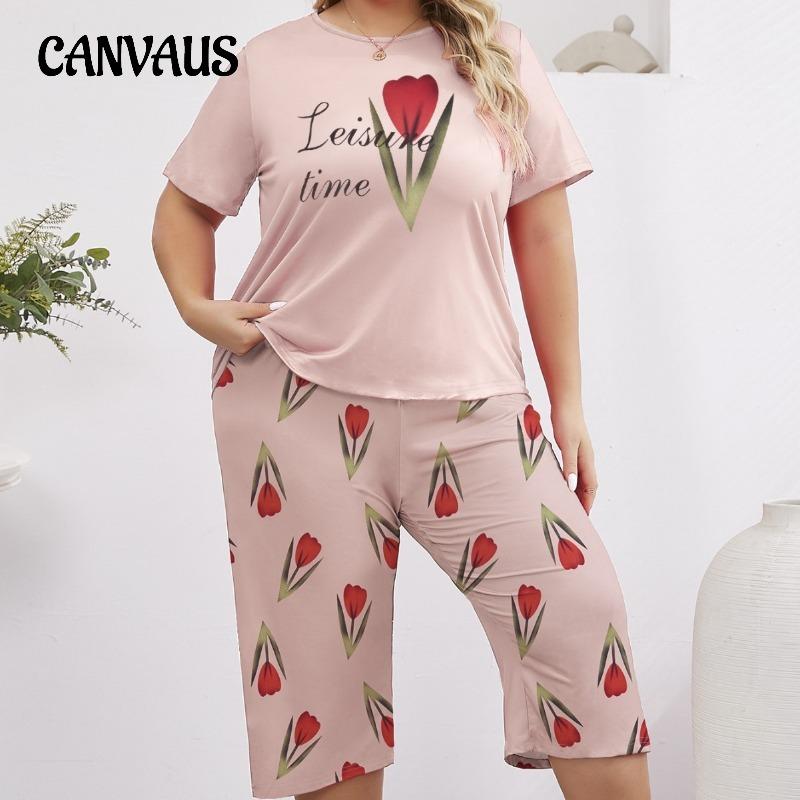 Women's Pajamas Rose Print Loose Comfortable Short Sleeve Capri Pants Home Wear Two Sets