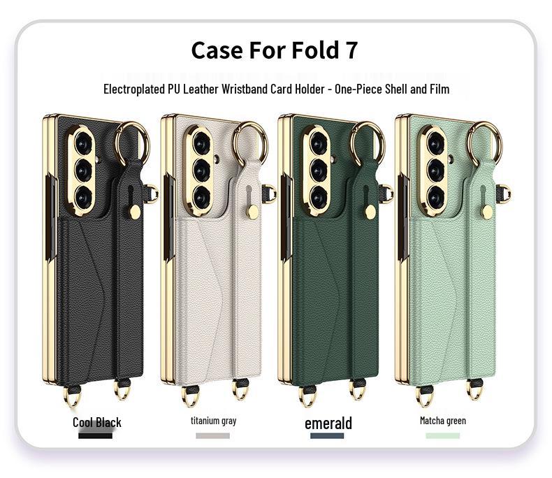 Samsung Z Fold7 Wristband Case: Fashionable Electroplated Leather with Card Holder and Lanyard