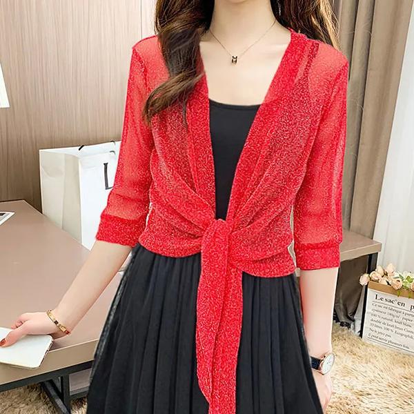 Women's Summer Thin Lace Shawl Half Sleeve Sun Protection Clothing Casual Loose Bright Silk Breathable Cardigan