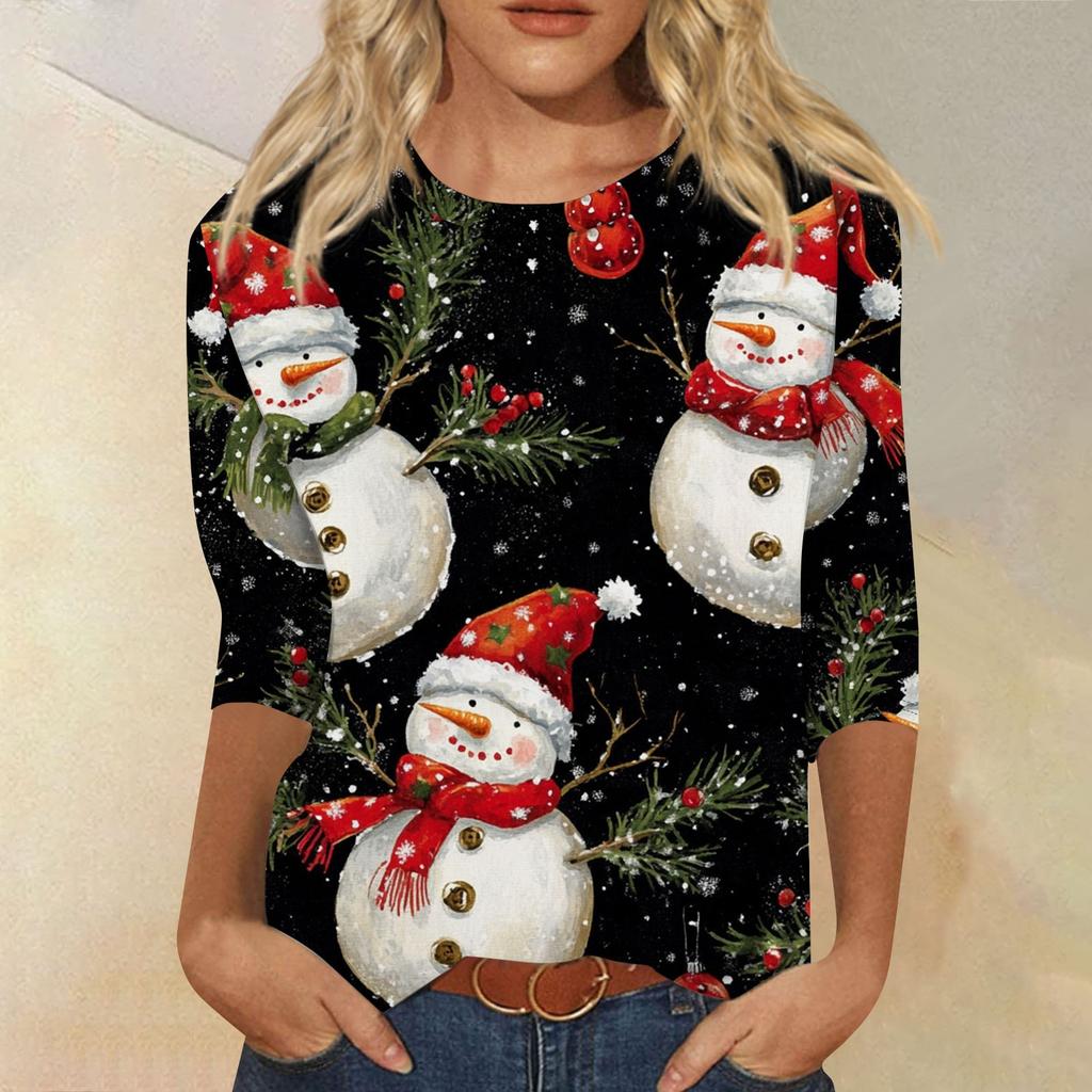 Women's Fashion Casual Seven Sleeve Christmas Printed Round Neck Top