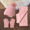 3Pcs/Set Women Winter Hat Scarf Gloves Set Plush Ball Decor Rhombus Texture Knitting Hat Long Scarf Touch Screen Gloves Set