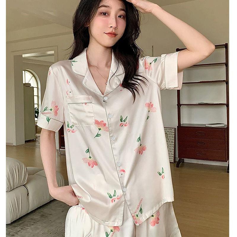 Faux Silk Women's Flower Pajamas Set Button Down Top & Shorts 2 Pieces Set Satin Nightwear Loungewear for Summer Sleepwear
