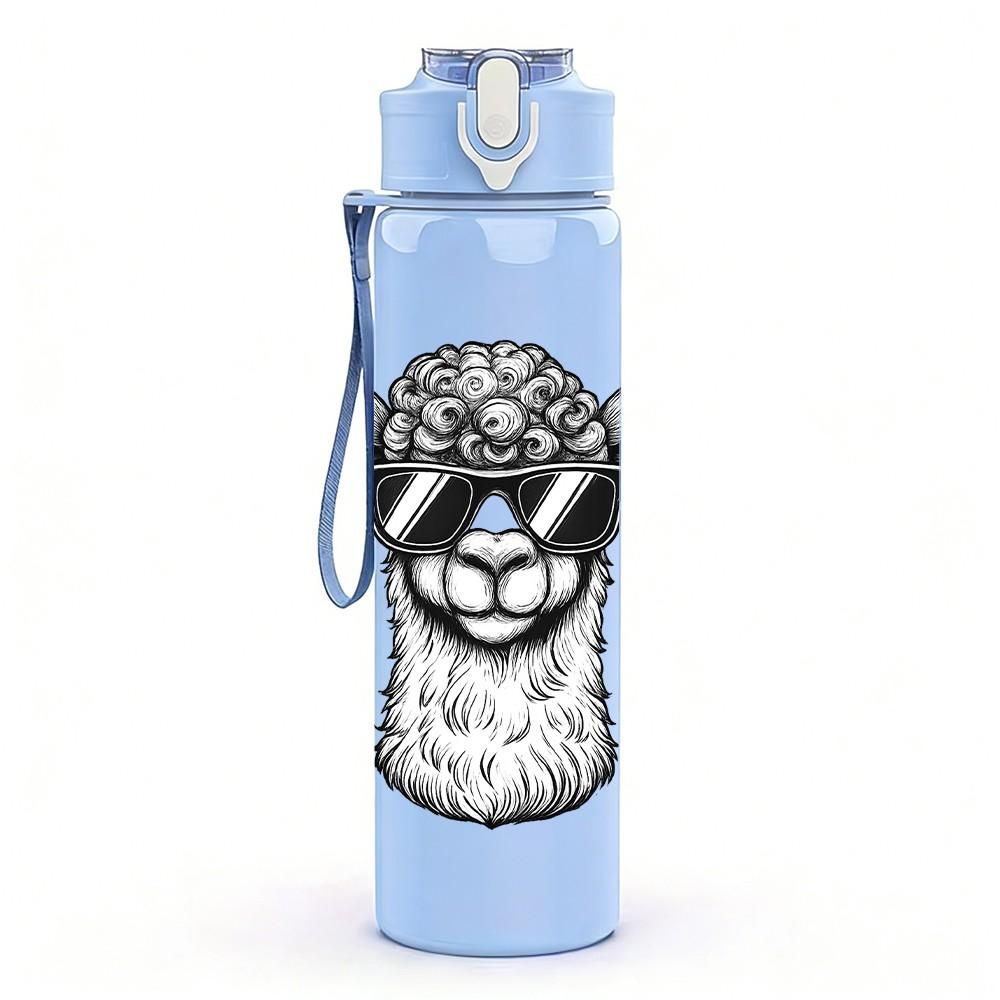 1PC Monochrome Llama Head 750ml Color Plastic Sports Water Bottle Leakproof Flip Straw Lid Suitable for Sports Office Home Use